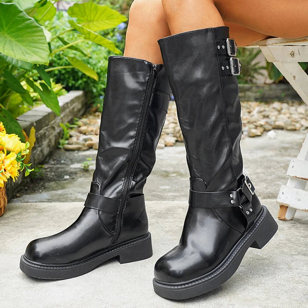 New Autumn Winter Women's Riding Boots 2025 Fashion Black PU Leather Knee High Boots Woman Buckle Chunky Platform Botas Mujer