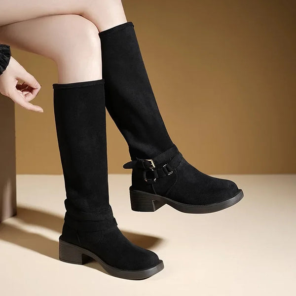 2025 New Matte Leather Knight Boots Women's Long Tube round Head Thick Heel Belt Buckle Korean Style Shoes Polyurethane Insole