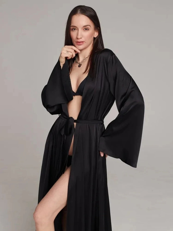 White Black Satin Robe Women's Night Peignoir Flare Long Sleeve Wedding Dress Women's Dressing Gown Sexy Bride Dresses - Vogue Vista UK