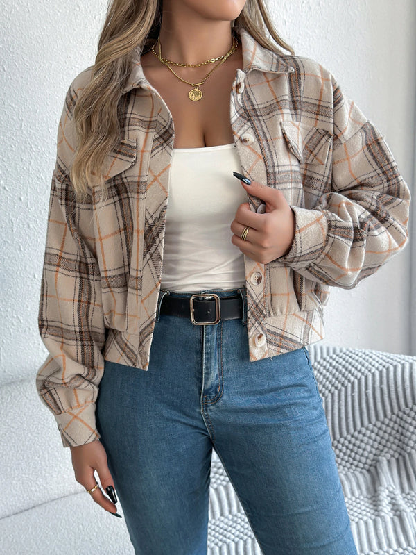 Autumn Winter Plaid Short Coat Lantern Long Sleeve Turn-Down Collar Button Woolen Jacket Women Clothes