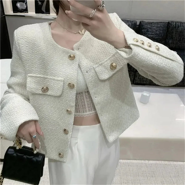 Korean Chic Female Tweed Basic Short Jacket French Elegant Solid White Black Coat Women Clothing Runway Style Woolen Outerwear