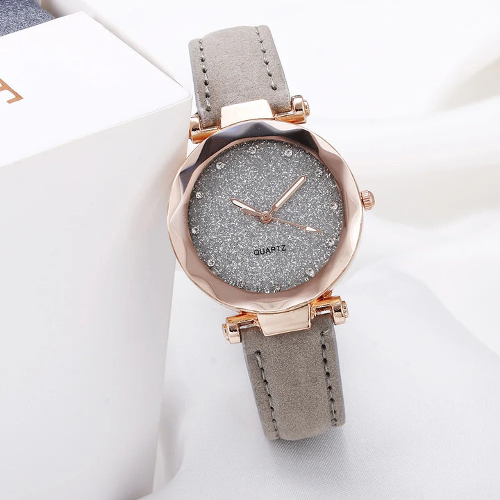 Round Face Rhinestone Star Sky Silver Pink Women for Watch Leisure Fashion Trend Frosted Belt Vintage Black Quartz Wristwatch - Vogue Vista UK