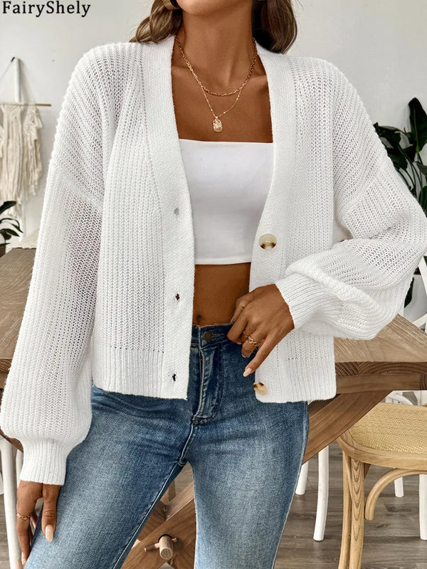 FairyShely 2025 Autumn Winter Short Sweater Cardigan Women Single Breasted Long Sleeve Cardigan Lady Loose Knitted Coat Outwears