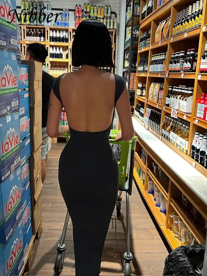 Nibber Solid Sexy Backless Maxi Dress Women Elegant Elastic Slim Short Sleeve Long dresses Female Bodycon Streetwear Clothing - Vogue Vista UK