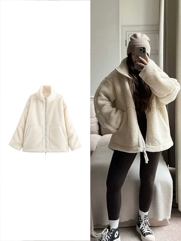 TRAF Fashion Women's Lamb's Wool White Coat Winter Fleece Reversible Lapel Coat Simple Loose Teddy Velvet Long Sleeve Jacket
