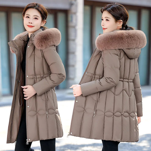 Female's Winter Quilted Jacket Solid Color Drawstring Zipper Luxury Fur Collar Women's Parka Coat Long Thickened Coat For Lady