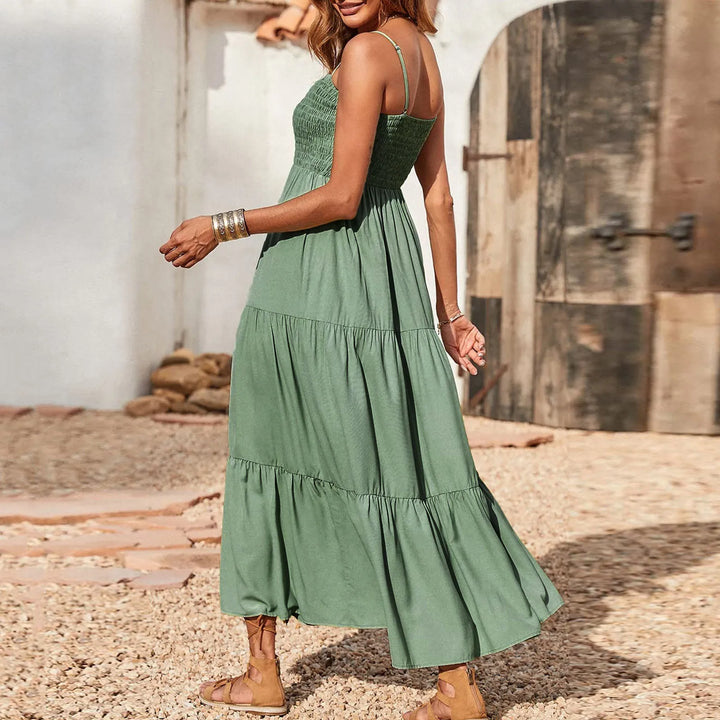 Bohemian Vacation Casual Dresses For Women Summer Ruffle Layer Maxi Sundress Sleeveless Dress Strap Smocked Tiered Midi Dress - Vogue Vista UK