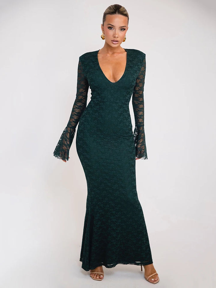 Mozision Elegant Lace Long Sleeve Sexy Maxi Dress For Women Fashion Deep V Neck Bodycon Party Club Sexy Long Dress Fashion - Vogue Vista UK