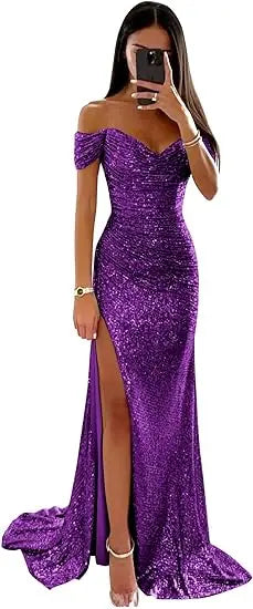 Chic and Elegant Women Evening Maxi Dresses 2024 Off-Shoulder Sequin Mermaid Prom Formal Gowns For Party Split Night Dress - Vogue Vista UK