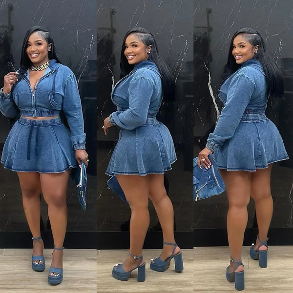 Two Piece Sets Women Denim Skirt Hooded Zipper Tops Short Dress Sets Skirts A Line High Waist Y2k Streetwear Elegant Slim Fit