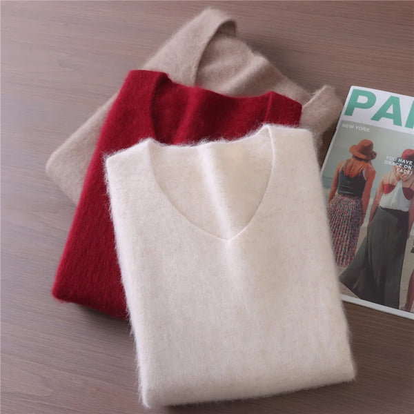 Autumn Winter Women's V-Neck Sweater 100% Pure Mink Cashmere Knitted Sweater Pullover Sweater Casual Fashion Loose Warm Tops