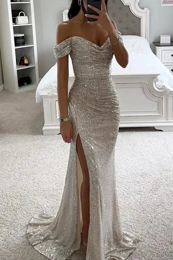 Chic and Elegant Women Evening Maxi Dresses 2024 Off-Shoulder Sequin Mermaid Prom Formal Gowns For Party Split Night Dress - Vogue Vista UK