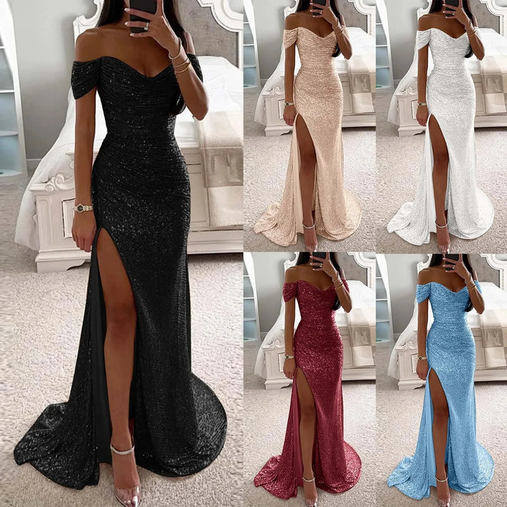 Chic and Elegant Women Evening Maxi Dresses 2024 Off-Shoulder Sequin Mermaid Prom Formal Gowns For Party Split Night Dress - Vogue Vista UK