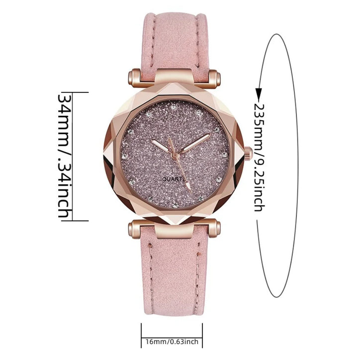 Round Face Rhinestone Star Sky Silver Pink Women for Watch Leisure Fashion Trend Frosted Belt Vintage Black Quartz Wristwatch - Vogue Vista UK