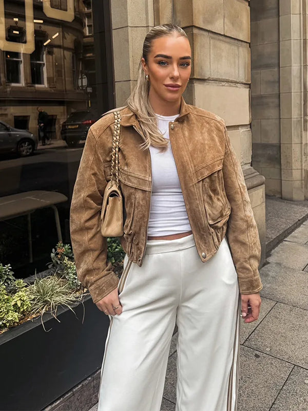 Casual Solid Zipper Cropped Suede Jacket Women Chic Lapel Full Sleeve Pocket Loose Coat Autumn Lady Highstreet Commute Outwear