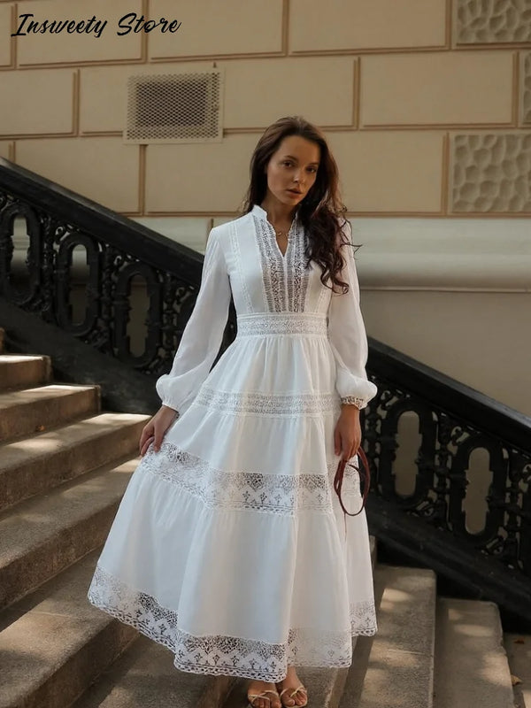 Elegant Solid Lace Dress Women's Hollow Out Stand Collar Long Sleeve Pleated Long Dresses 2025 Autumn New Lady Casual Robes ﻿