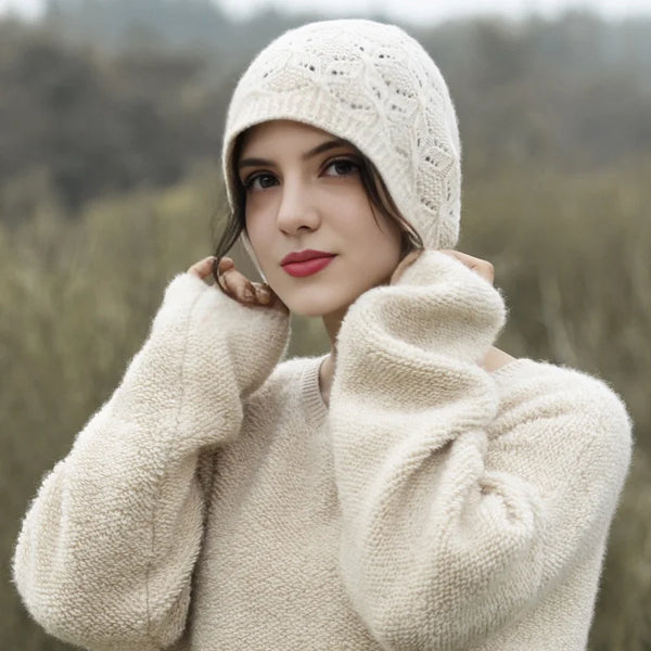 100% Merio Wool Fashion Beanies for Women Autumn Winter Fashion Hollow Out Soft Warm Wollen Skullies Cap Luxury Cashmere Bonnet