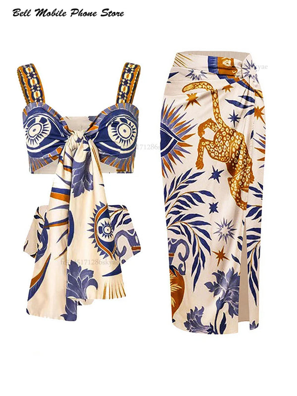 Elegant Lace Up Printed Bikini 2025 Women Push Up Sexy High Waisted 2 Piece Swimsuit Set with Beach Vacation Chiffon Wrap Skirt