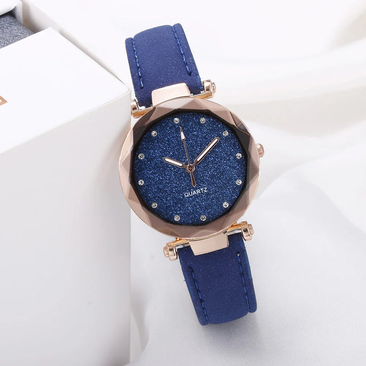 Round Face Rhinestone Star Sky Silver Pink Women for Watch Leisure Fashion Trend Frosted Belt Vintage Black Quartz Wristwatch - Vogue Vista UK