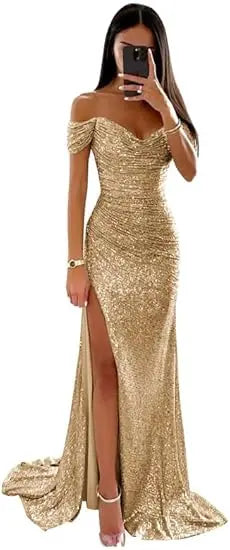 Chic and Elegant Women Evening Maxi Dresses 2024 Off-Shoulder Sequin Mermaid Prom Formal Gowns For Party Split Night Dress - Vogue Vista UK