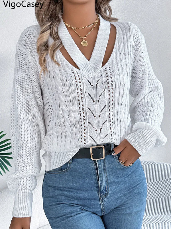 VigoCasey 2025 Winter Casual Solid Knitted Sweater Women V Neck Hollow Loose Pullover Autumn Lady Lantern Long Sleeve Jumper