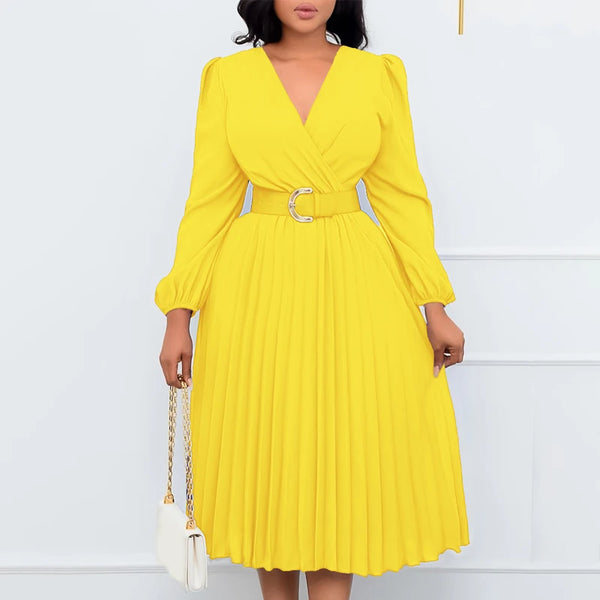 Large Women's 2025 Autumn/Winter New Fashion Long Sleeve V-Neck Pleated Mid length Belt Temperament Dress Clothes Dropshipping
