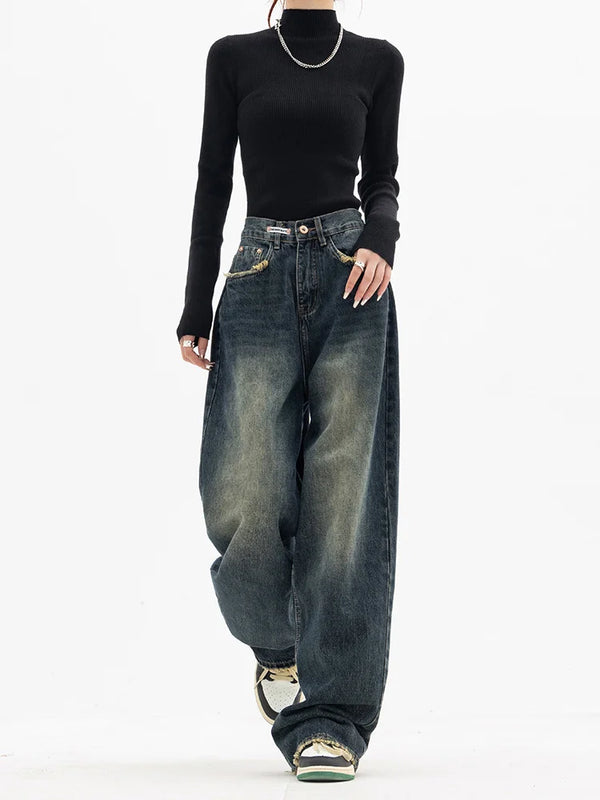 2023 High Waist Women's Jeans Harajuku Vintage BF Style Streetwear All-match Loose Fashion Femme Wide Leg Denim Trousers