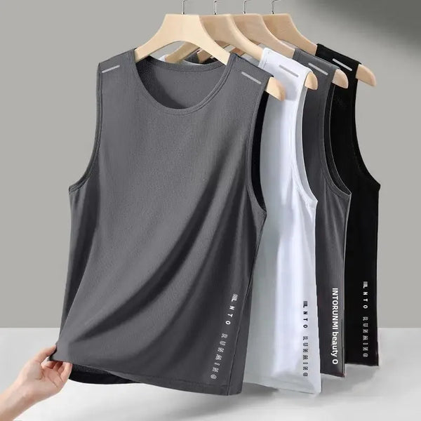 Men's Ice Silk Vest Round Neck Mesh Breathable Quick Dry Sports Wide Shoulder Vest Outerwear Sleeveless Summer Fashion