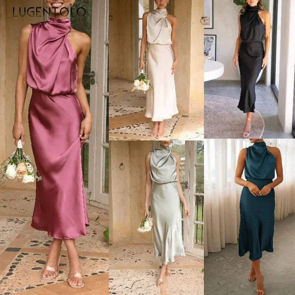 Women Slim Elegant Dress Spring Summer Temperament Lady Sleeveless Halter Solid Satin High Waist Thin Cloth