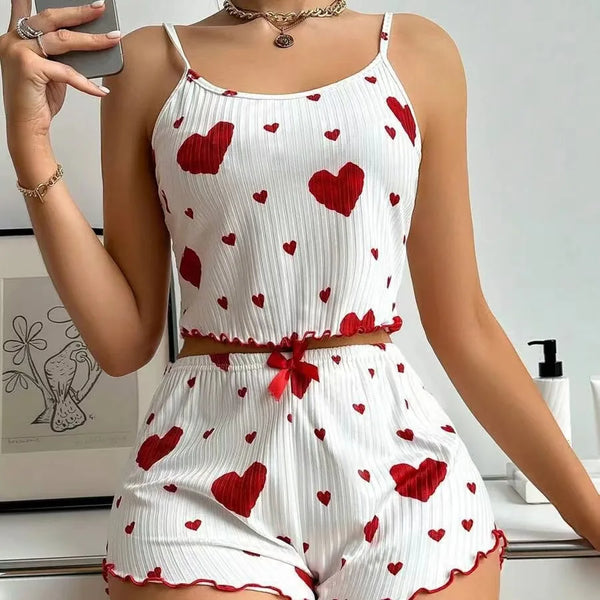 Women's Pajamas Set Sleepwear 2 PCS Short Tank Tops And Shorts S M L White Ventilate Soft Casual Love Printing - Vogue Vista UK