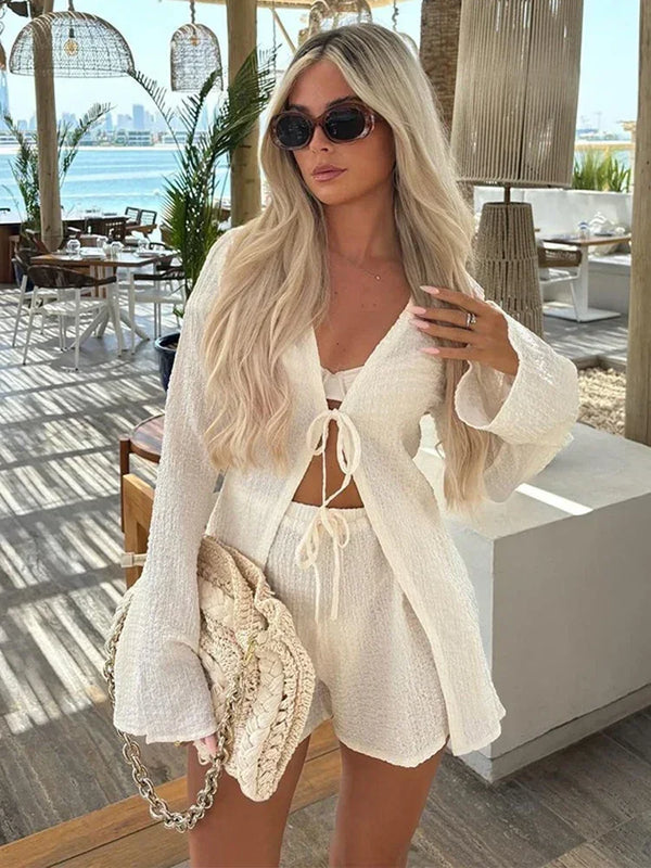 Summer Vacation Women Hollow Out Lace Up Shirt Sets 2025 New Female Solid V Neck Top And High Waist Shorts Suit Lady Outfits