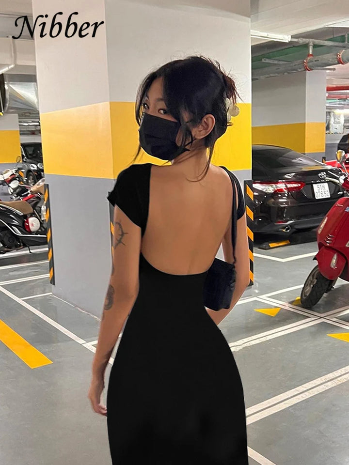 Nibber Solid Sexy Backless Maxi Dress Women Elegant Elastic Slim Short Sleeve Long dresses Female Bodycon Streetwear Clothing - Vogue Vista UK