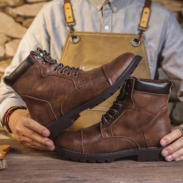 British Retro Men's High-Top Leather Cowboy Boots Lace-Up Comfortable Breathable Equestrian Casual Shoes Premium Quality Fashion