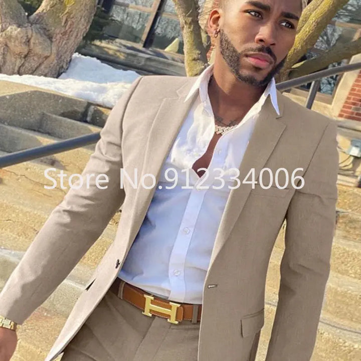 2 Pieces Beige Suit for Men Slim Fit Wedding Groom Tuxedo Groomsmen Suits Male Fashion Smoking Costume Homme Blazer with Pants - Vogue Vista UK