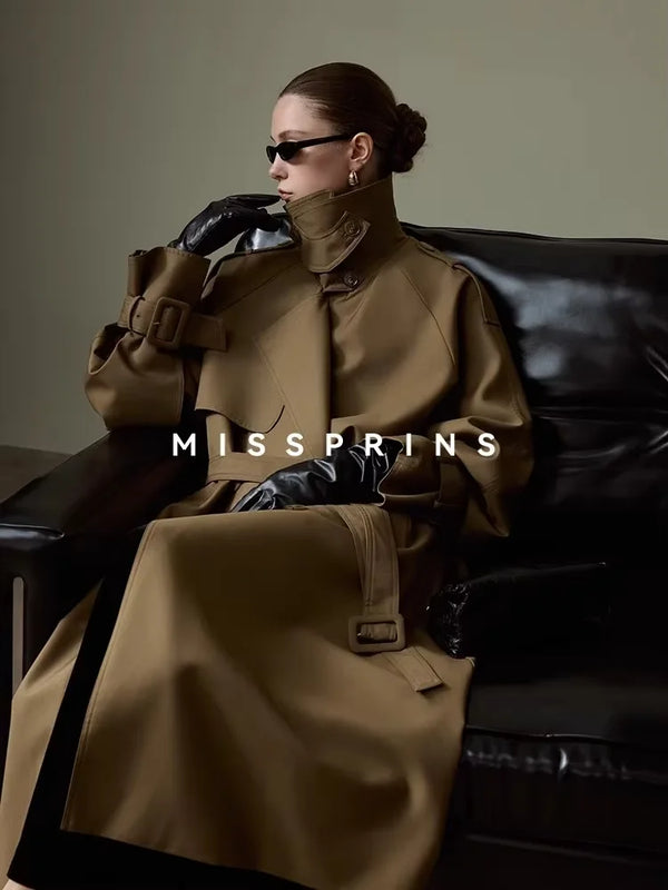 Lautaro Spring Autumn Long Khaki Trench Coat for Women Belt Double Breasted Chic Luxury Designer European Fashion Clothes 2025