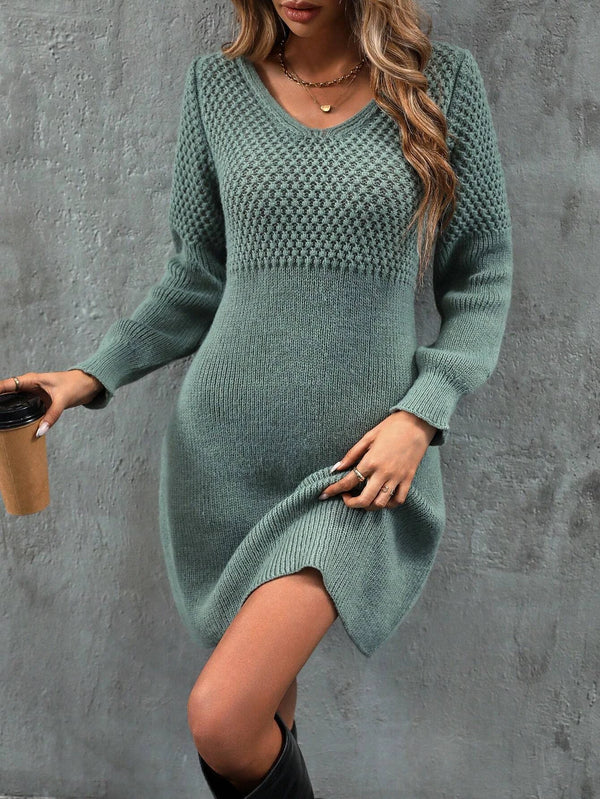 Women's Plain Bishop Sleeve V Neck Sweater Dress, Elegant Long Sleeve A Line Knit Dress for Spring & Fall, Women's Knitwear
