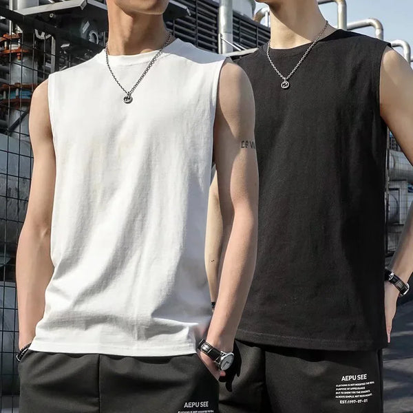 2024 Trendy Men's Loose-Fit Sleeveless Vest Outer Wear Fashionable Sport Fitness Summer T-Shirt Without Sleeves