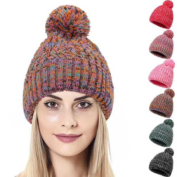 New Winter Women Knitted Hats Outdoor Windproof Keep Warm Vintage Pompoms Caps Multicolor Elastic Beanie Hat Female Bonnet