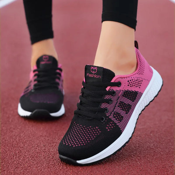 Women Casual Shoes Breathable Walking Mesh Lace Up Flat Shoes Sneakers Women Tenis Feminino Pink Black White - Vogue Vista UK