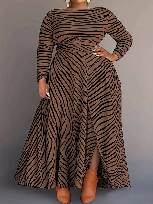 Women Plus Size Dress Vintage Pleated A-Line Business Casual Water Ripples Round Neck Long Sleeve Split Knitted Maxi Dress 2025