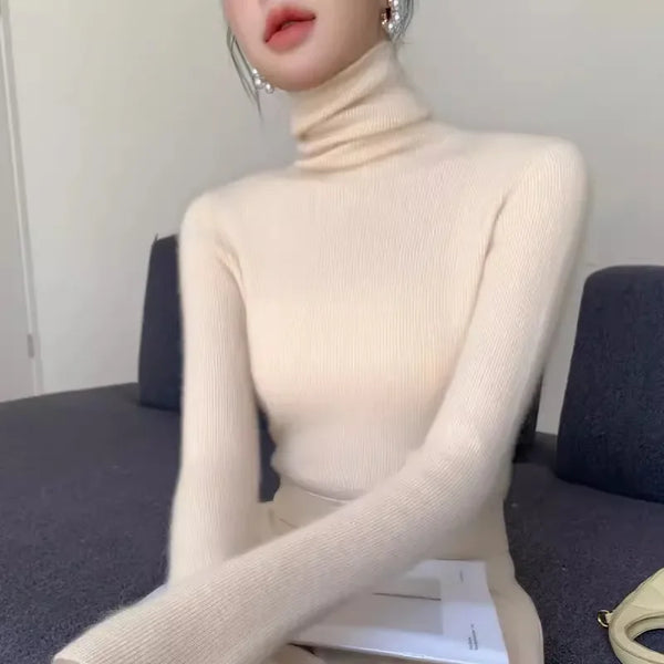 Casual Solid Sweater Women Knitted Slim White Pullover Long Sleeve Tops 2025 Autumn Winter Turtleneck Jumper Female