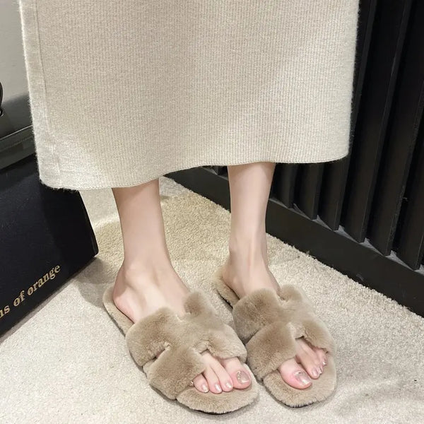 Women's Thi Bot Fur Slippers Indoor Outdoor Wear Autumn Winter Faionable Rabbit Fur Plu Slippers Casual Sle Slip-O...