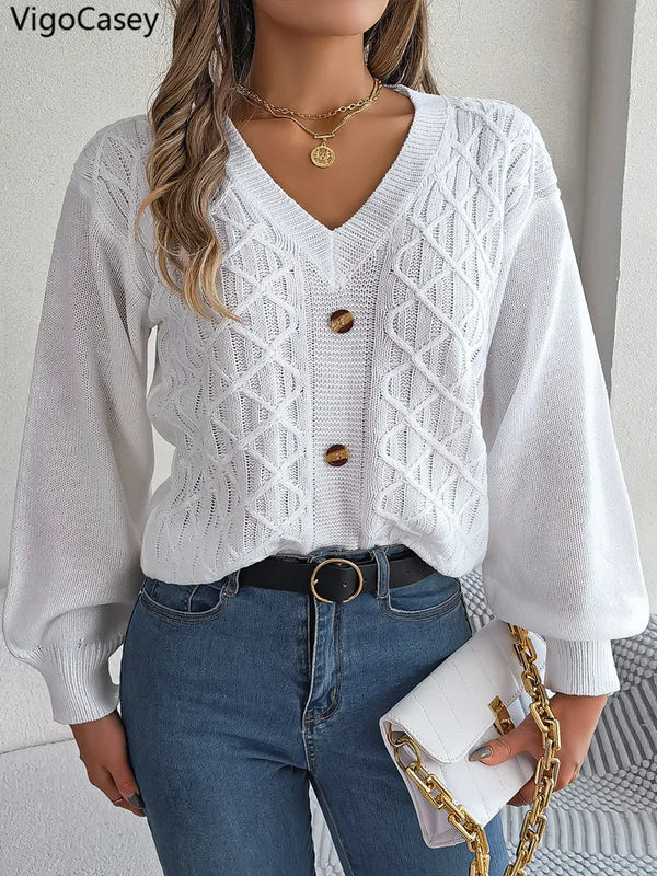 VigoCasey 2025 Winter White V Neck Knitted Sweater Women Lantern Long Sleeve Loose Pullover Autumn Lady Solid Casual Warm Jumper
