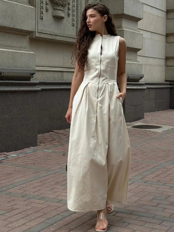 Elegant Solid O-neck Sleeveless Long Dress Women's Fashion High Waist Zipper Dresses 2024 Summer Office Lady Commute Robes