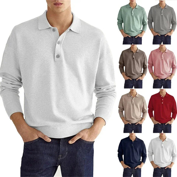 Men's Long Sleeve POLO Shirt Solid Color Lapel Button Office Commuter Business Casual Pullover Fashion Sports T-shirt S-3XL