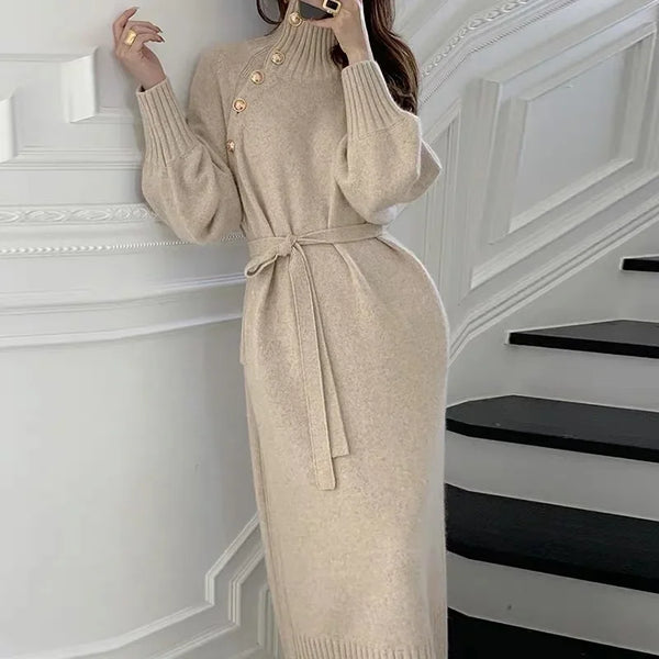 Women's Knitted Midi Dress Base Layer Hebe Style Autumn Winter Inner Wear Long Sweater Dress Elegant Ladylike Hepburn Wind