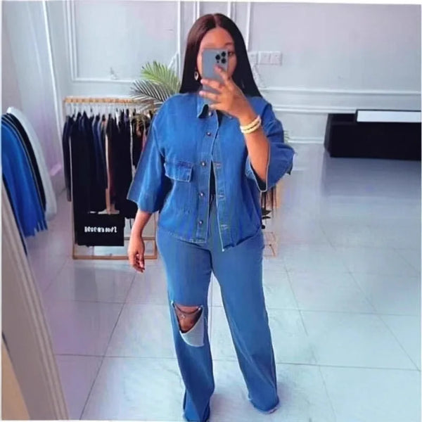 Denim Pant Set Women Two Piece Sets Turn Down Collar Matching Sets Single Breasted Shirt Tops Wide Leg Long Pants High Waist