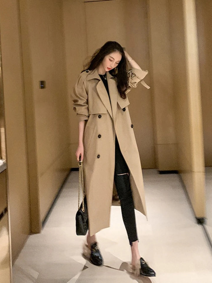 2023 Winter  Jacket Trench Coat for Women Clothes Women Solid Color Lapels Double Row Buttons Long Windbreaker Ladies Work Tops - Vogue Vista UK