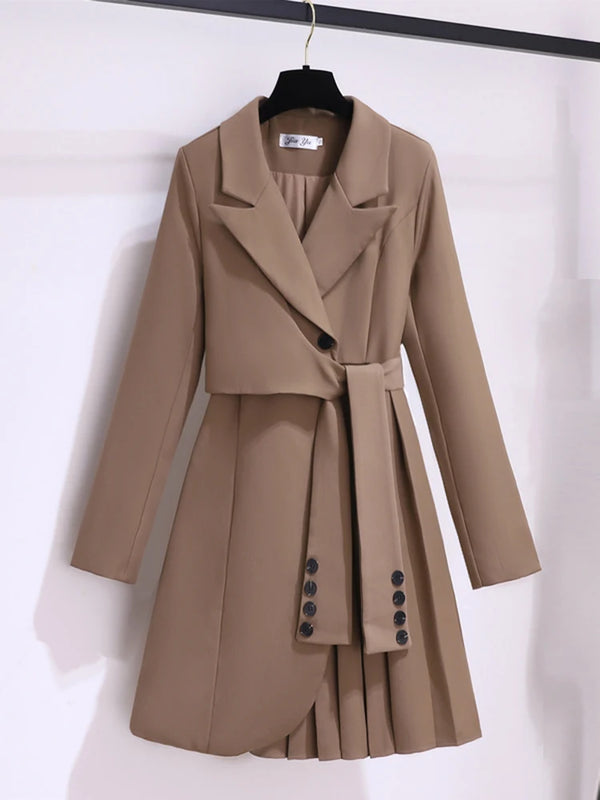 New 2025 Suit Dress Long Sleeve Korean Fashion Khaki White Or Black Dresses With Belt Pleated Winter Outfits For Women Hot Sale