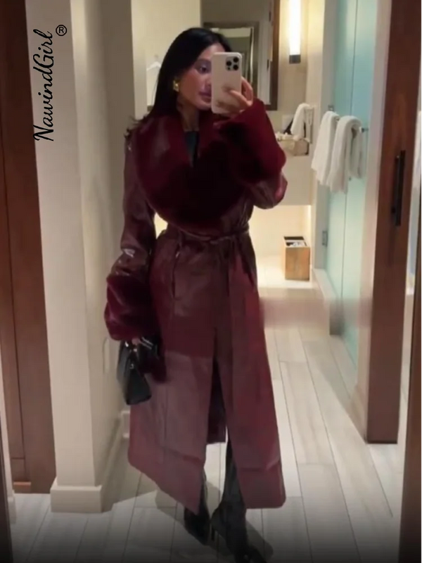Elegant Fur Leather Long Coat Women Patchwork Belts Lace Up V-neck Full Sleeve Loose Jacket 2025 Autumn Winter Chic Lady Outwear